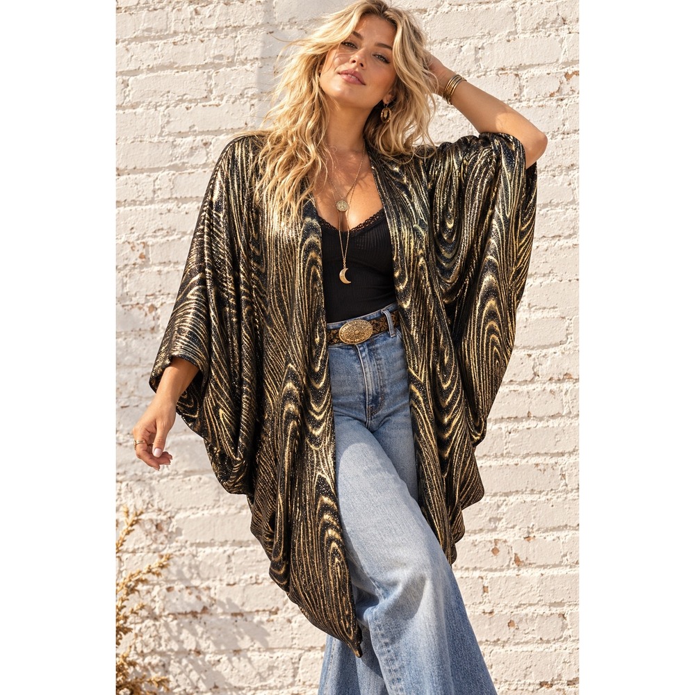 Vintage Black Gold Metallic Woodgrain Kimono Wrap Draped Evening Cardigan OS